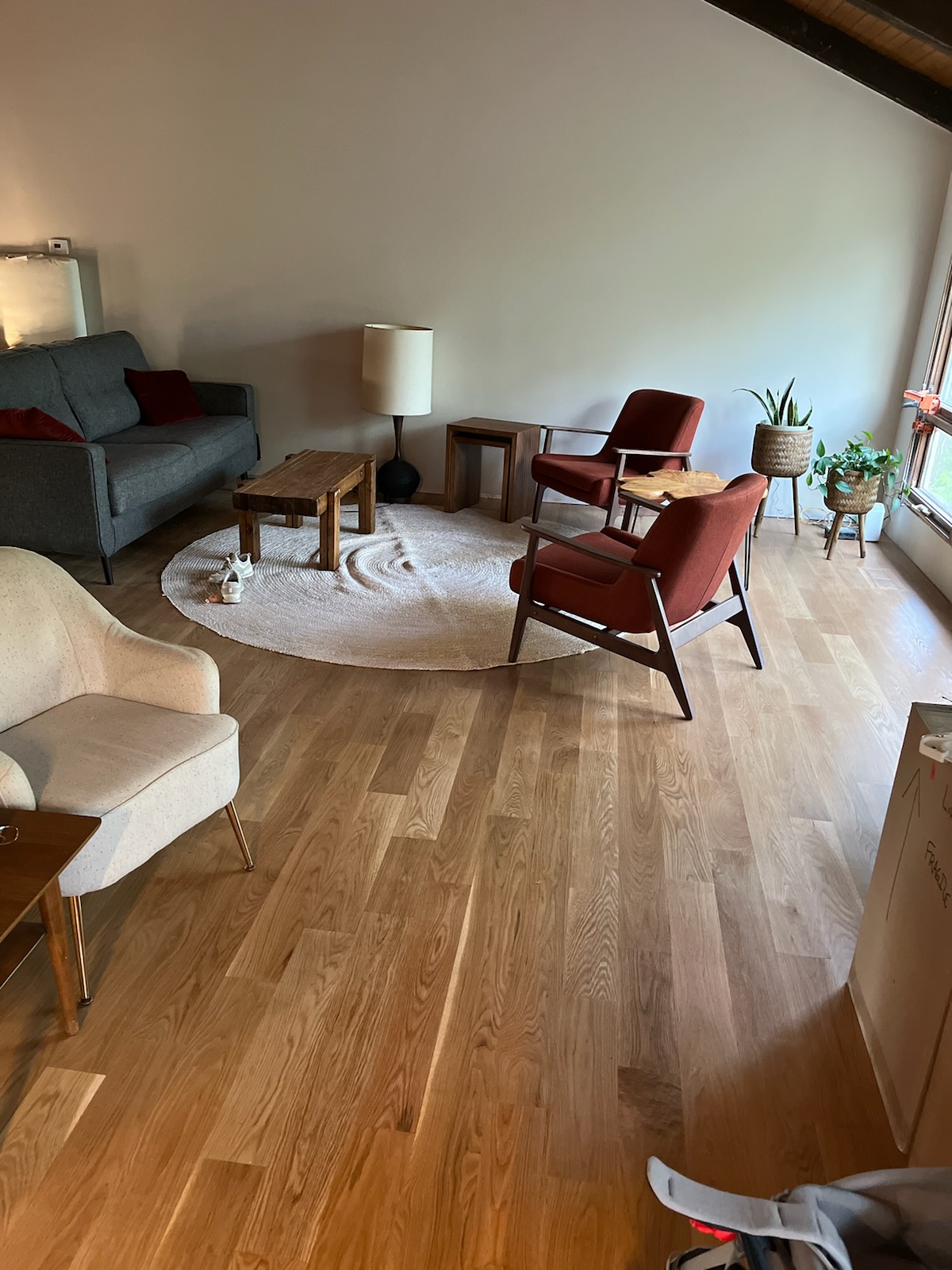 White oak hardwood floor installation mid-century modern natural finish