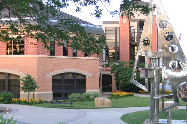 Olathe City Hall with its fountain and sculpture in Olathe, Kansas