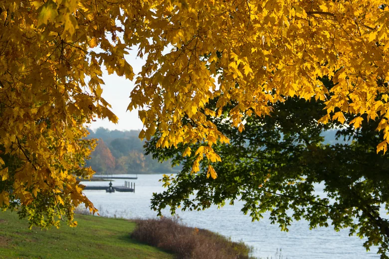 Autumn colour over the lake at Shawnee Mission Park in Shawnee, Kansas